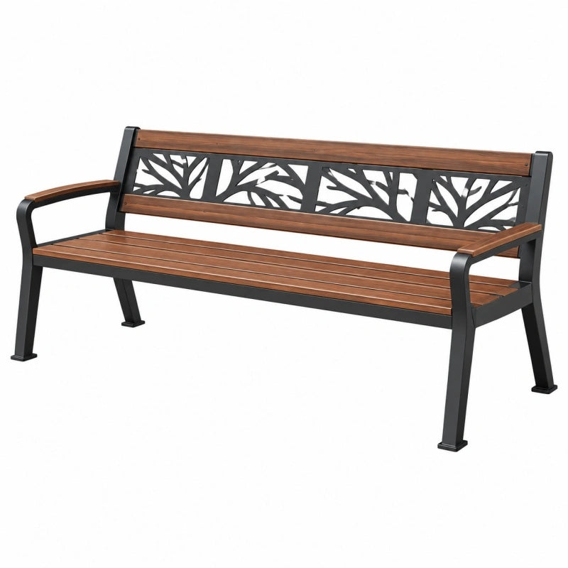 Gartenbank 150 cm aus Holz und Metall in Braun Schwarz mit Baumdekor