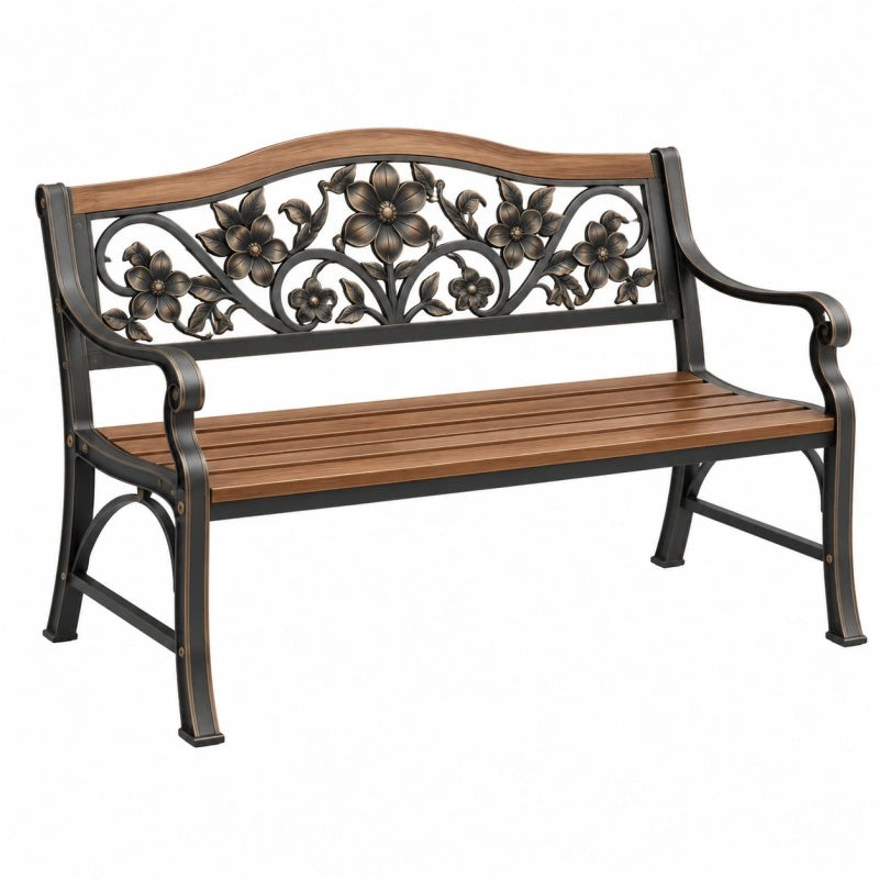 Gartenbank 120 x 60 x 90 cm aus Metall und Holz braun schwarz mit floralem Muster