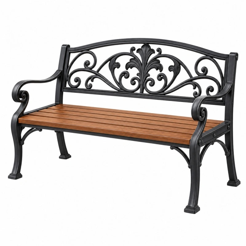Gartenbank 127 cm Metall Holz Braun Schwarz mit ornamentaler Rückenlehne