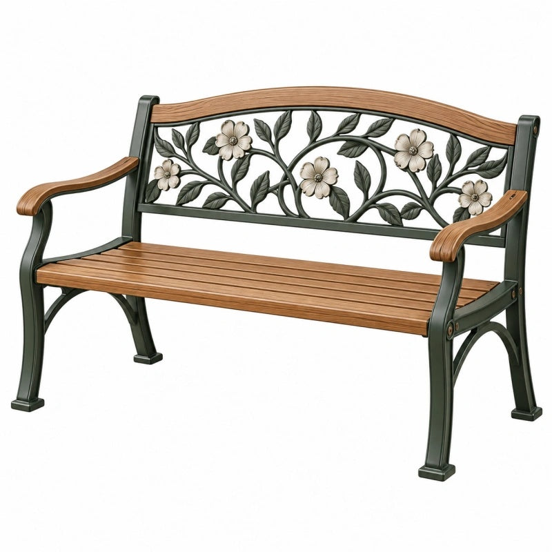 Gartenbank 122 x 62 x 91 cm aus Metall und Holz braun dunkelgrün mit Blumenmotiv