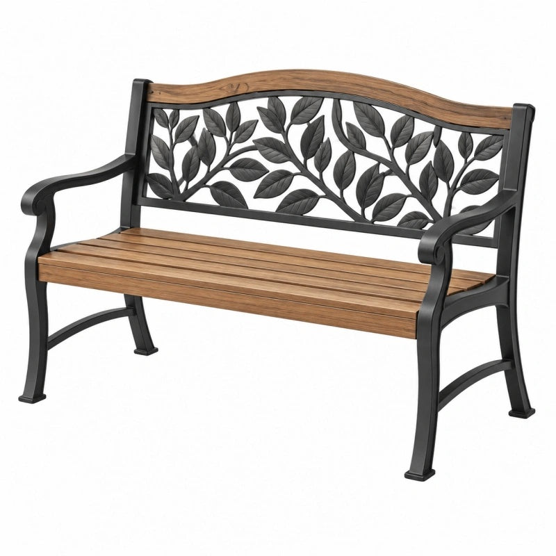 Gartenbank 122 x 63 x 89 cm aus Metall und Holz Braun Schwarz mit Blattdekor