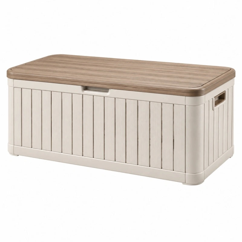 Aufbewahrungsbank 120 x 50 x 55 cm Kunststoff Beige Holzoptik für Außenbereich mit Deckel