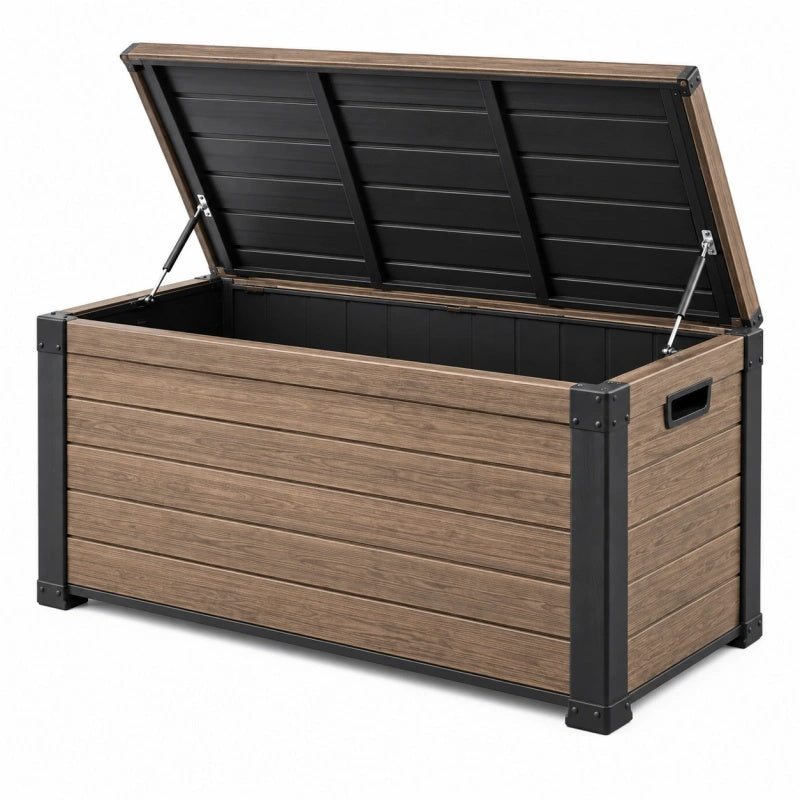 Garten-Aufbewahrungsbox 120 x 60 x 63 cm Kunststoff Holzoptik Braun Schwarz mit Klappdeckel