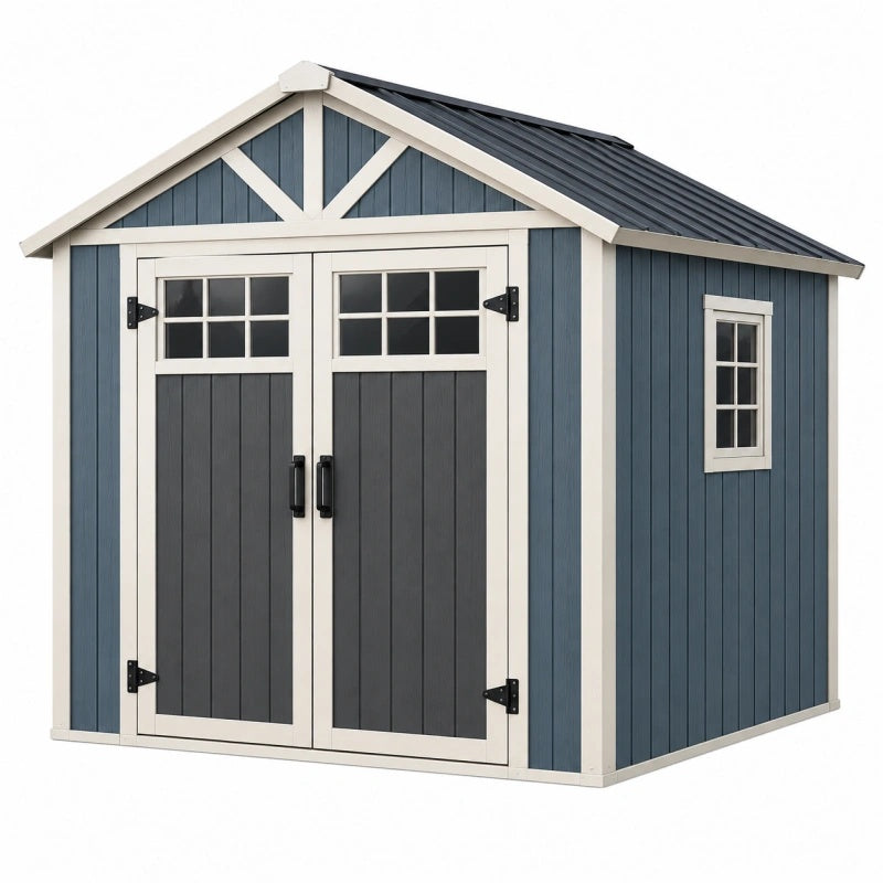 Gerätehaus 200 x 160 x 190 cm Kunststoff Blau Grau mit Doppeltür und Fenstern