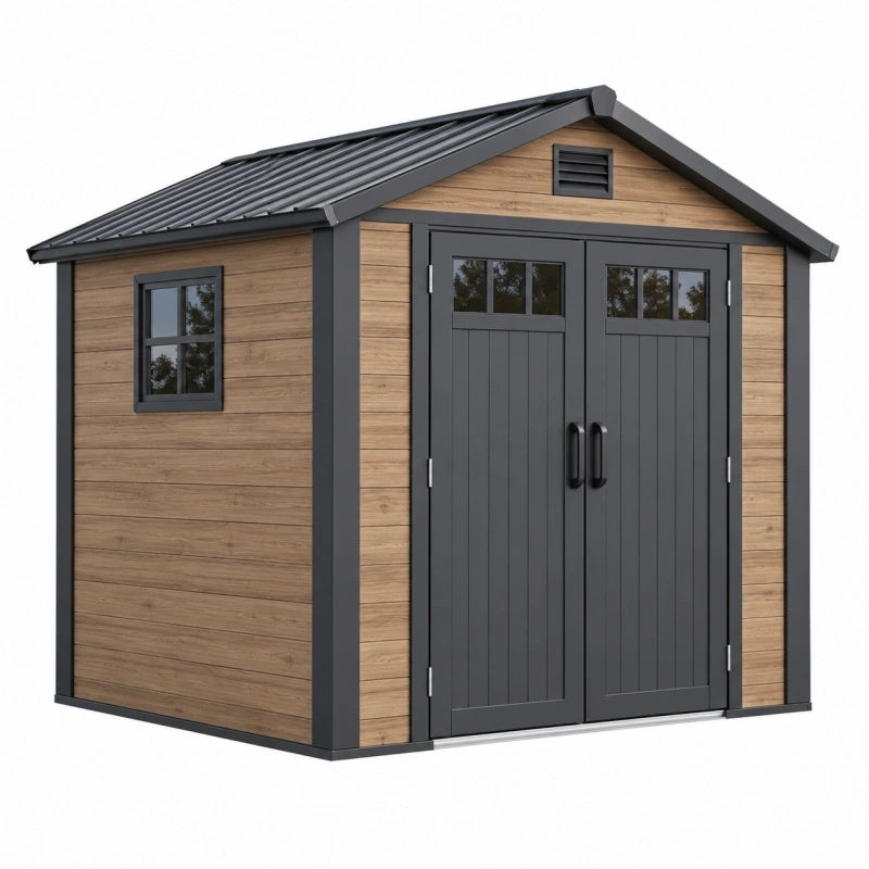 Gartenhaus 213 x 131 x 192 cm aus Stahl in Anthrazit Braun - Gerätehaus mit Doppeltür Fenstern und Satteldach