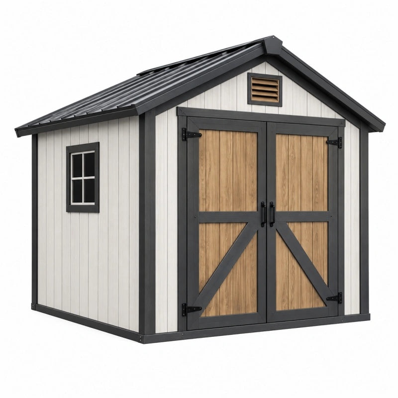 Gartenhaus 240 x 180 x 220 cm Kunststoff Weiß Naturholz Anthrazit mit Doppeltür und Satteldach