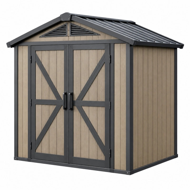Gartengerätehaus 180 x 120 x 200 cm Kunststoff Metall Taupe Anthrazit mit Doppeltür Satteldach