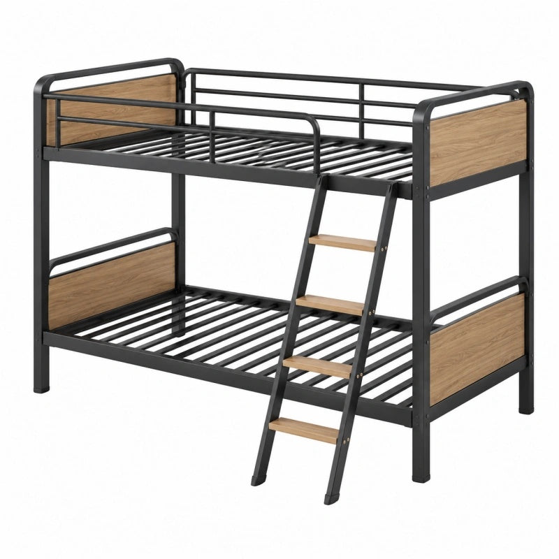 Etagenbett 90 x 200 cm Schwarz Naturholz Metall mit Leiter und Lattenrost